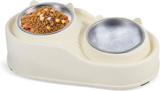 Elevated Cat Bowls for Indoor Cats, Raised Cat Bowl Set with 2 Stainless Steel Pet Bowls, No Spill Feeding Station, Tilted and Elevated Anti Vomiting Cats Dishes for Food and Water