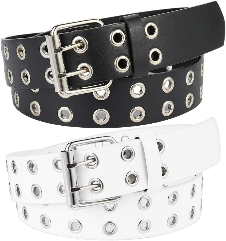 2 Pack Double Grommet PU Leather Punk Belt, 2 Hole Grommet Jeans Belt for Women & Men, Multi, Medium