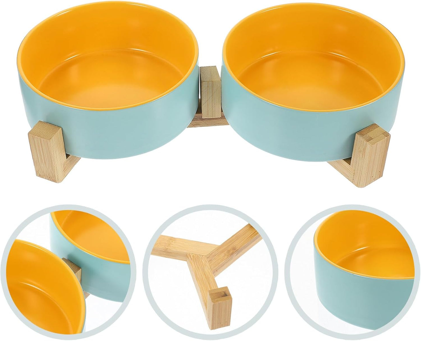 PRETYZOOM Ceramic Cat Bowls Set with Dual Raised Wood Stand, Matte Finish Blue and Yellow Inner Bowls, Small Size Elevated Feeding Station for Kittens and Cats