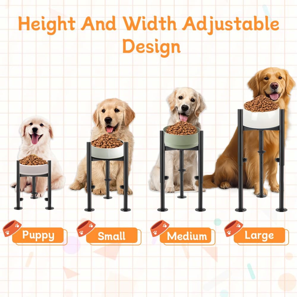 Single Dog Bowl Stand for Medium Large Dogs, Adjustable Width 6-10" Raised Dog dishes Stand，Elevated 4 Heights Tall Dogs Bowls Holder with Name Label Stickers, Black(Bowl Not Included)