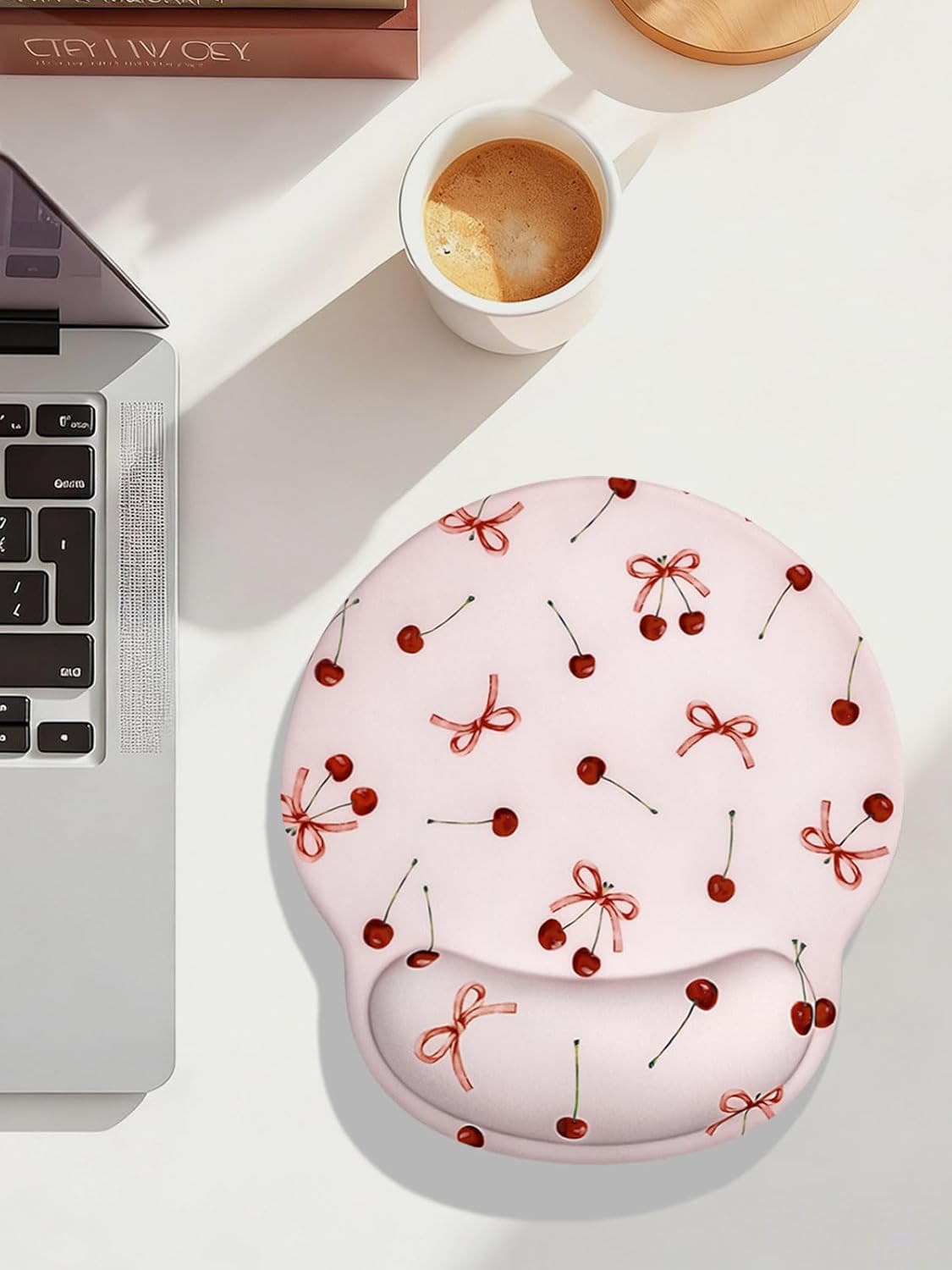 Seorsok Retro Ribbon Bow Cherry Mouse Pad with Gel Wrist Support Mouse Pad,Ergonomic Aesthetic,Comfort Mousepad for Office Work Computer,Pain Relief Mousepad with Non-Slip Silicone Base,Pink