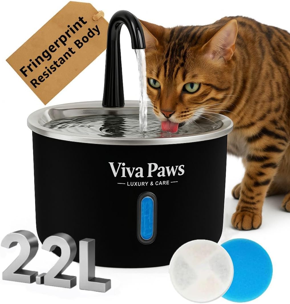 Cat Water Fountain Stainless Steel, Viva Paws 2.2L Automatic Drinking Fountain for Cats, Ultra Quiet Pet Fountain with 4 Stage Filtration System, Easy to Clean Indoor Cat Supplies