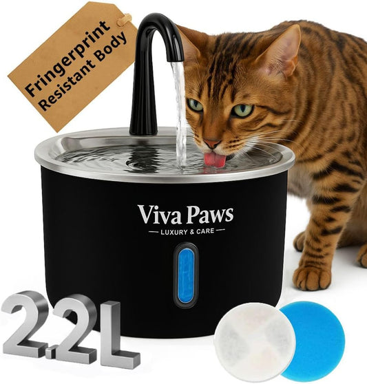 Cat Water Fountain Stainless Steel, Viva Paws 2.2L Automatic Drinking Fountain for Cats, Ultra Quiet Pet Fountain with 4 Stage Filtration System, Easy to Clean Indoor Cat Supplies