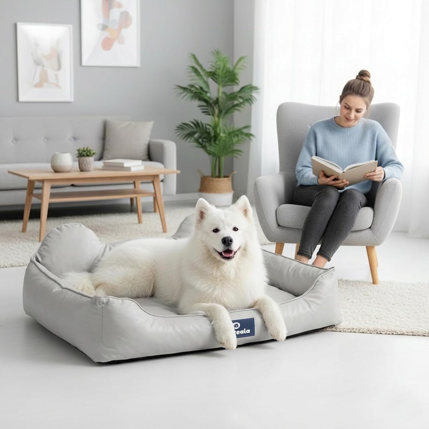 EarsUp Dog Bed 22Inch Leather Dog Sofa, Detachable Orthopedic Puppy Beds, Rectangle Pet with Non-Slip Bottom, Waterproof, Machine Washable (Gray)