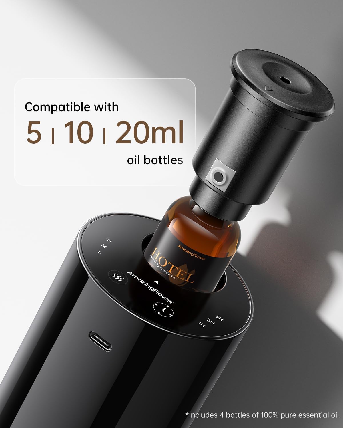 Waterless Essential Oil Diffuser with 4 x 10mL Hotel Scent Fragrance Oils, Rechargeable Car Diffuser Air Freshener Machine, 3 Timer & 3 Mist Modes, Aromatherapy Kit for Home