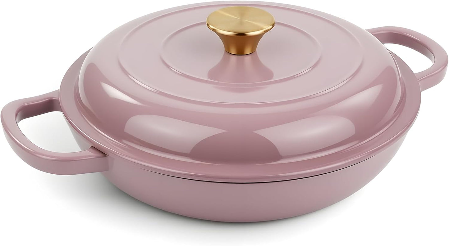 Vintage Style 3 Quart Enameled Cast Iron Braiser, Non Stick Enameled Cast Iron Skillet with Lid, Dutch Oven Skillet with lid up to 500°F for Oven, Stove, Grill, Shallow Dutch Oven for Cook, Bake (Pink)