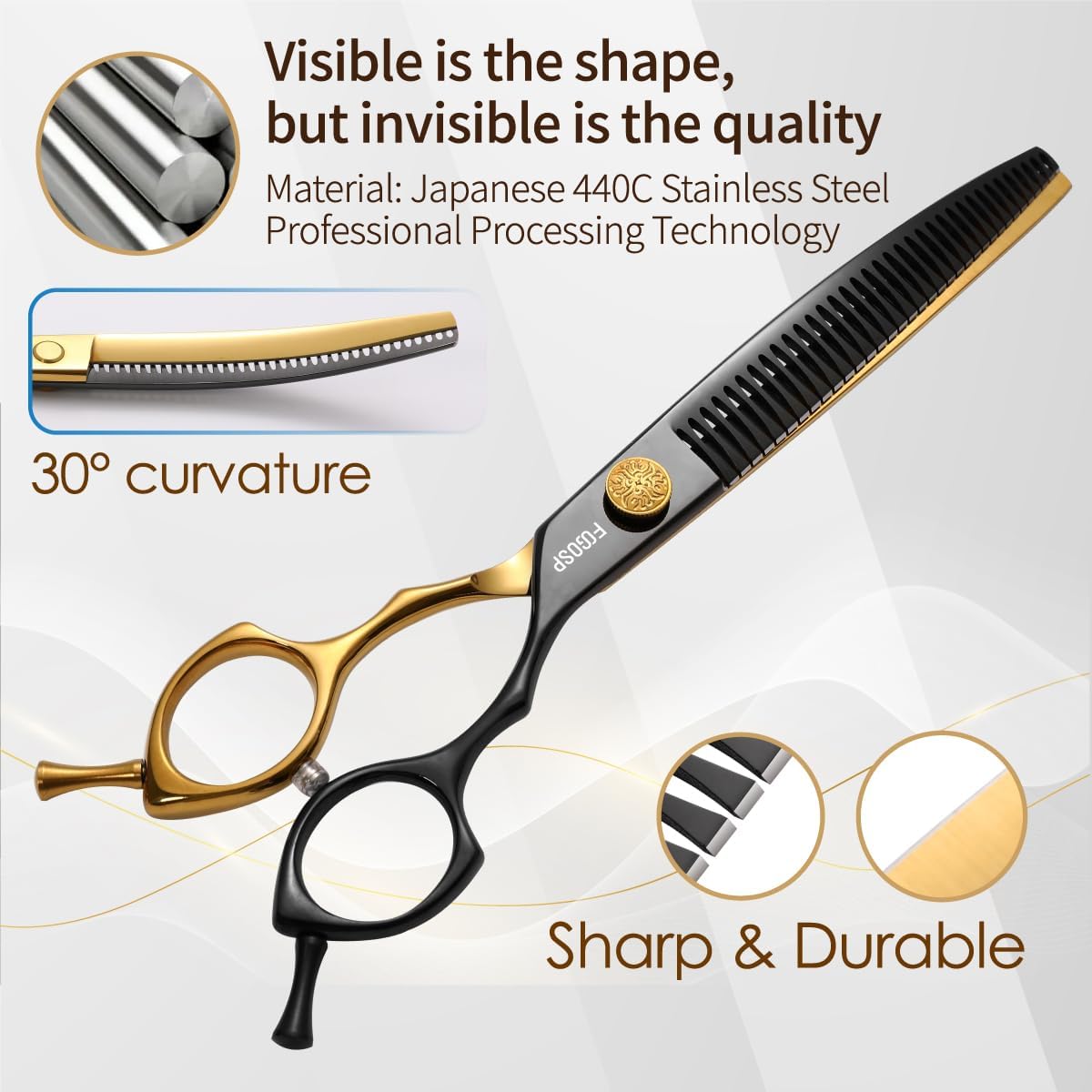 Professional Curved Chunkers Shears Dog Grooming 7.5'' Black & Gold Curved Thinning Dog Grooming Scissors for Large Dogs Pet 35 Teeth Japan 440C(Curved Chunkers,Black Gold)