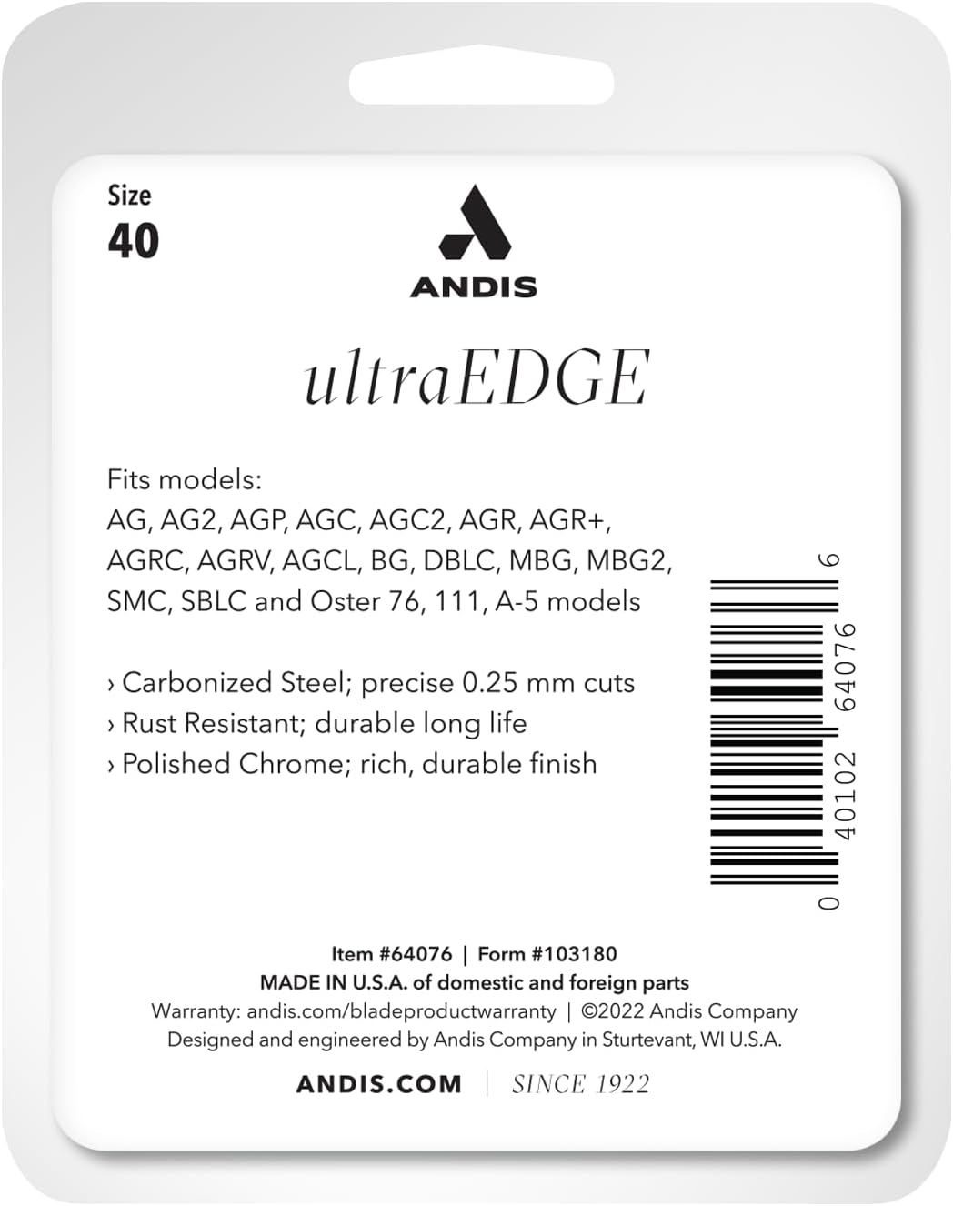 Andis 64076 UltraEdge Detachable Blade Size 40 – Carbon Steel Dog Clipper Blade, 1/100" Cut Length, Ultra Close Precision Grooming