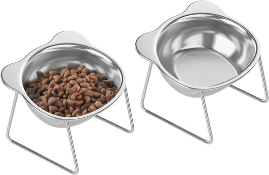 Stainless Elevated cat Bowls 5.9 Inch with Metal Stand Slip Resistant Base 15 Degrees Tilted Raised Pet Dishes Double Bowl Design Food and Water Dish for Cats Kitten Small Dog (2 Pack Raised Bowls)