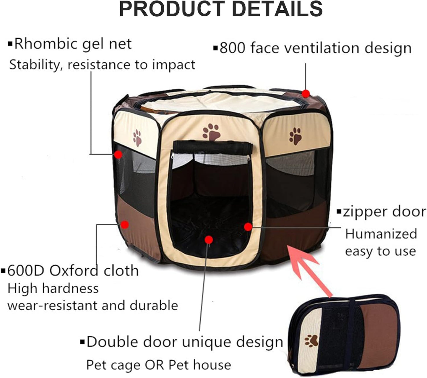 Foldable Dog Cat Playpens, Portable Dog Pen Indoor Outdoor, Air Playpen and Exercise Pen Pet Tent House Playground with Removable Shade Cover for Dogs & Cats,Brown,M