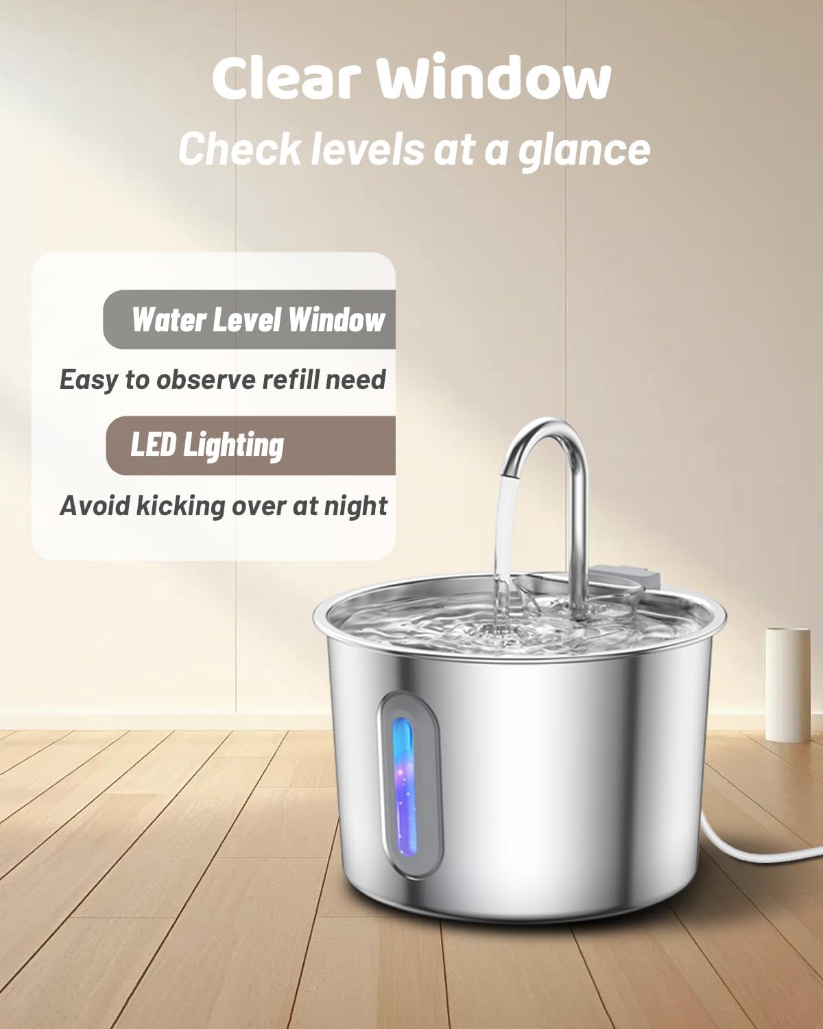 Cat Water Fountain 304 Stainless Steel 2.2L/74oz with 3 Filters & 3 Sponges, Easy to Clean, Automatic Pet Fountain Quiet Cats Water Dispenser, Gifts for Cats, Dogs