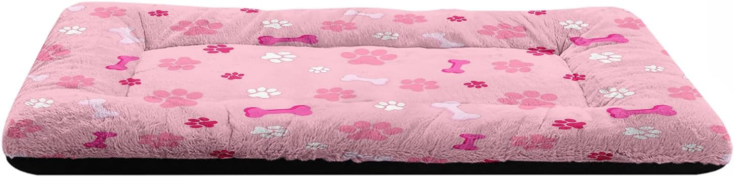 Pink Paw Print Dog Bed Mat - Cute Puppy Pad for Crate or Kennel - Washable Bone Design Pet Mat - Soft Fleece Liner for Small Dogs & Cats - Anti-Slip (M)