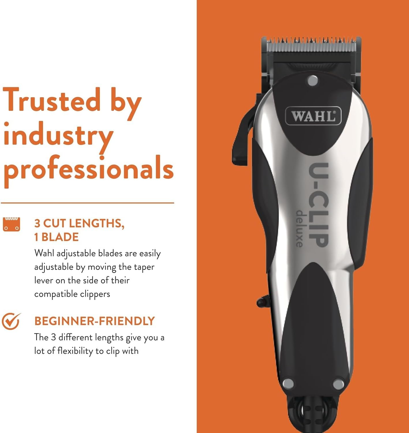 Wahl Pro Animal Deluxe U-Clip - Dog & Cat Trimmer with 3 Cutting Lengths & 7 Attachment Combs - Premium Grooming Tools for Light & Medium Coats - Black & Chrome