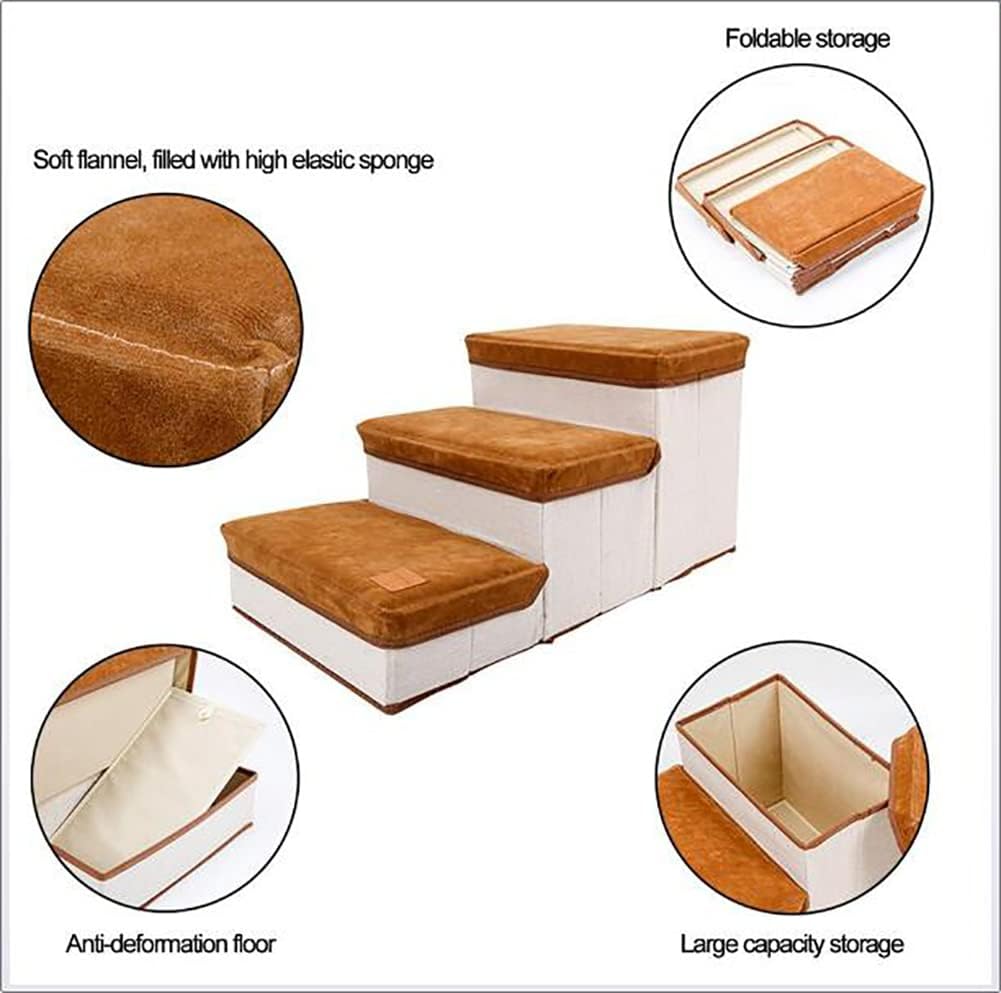 Foldable Storage Pet Dog Stairs Plush Pet Climbing Ramp Small Dog Three-Step Ladder Holds Up to 25Kg B (A)