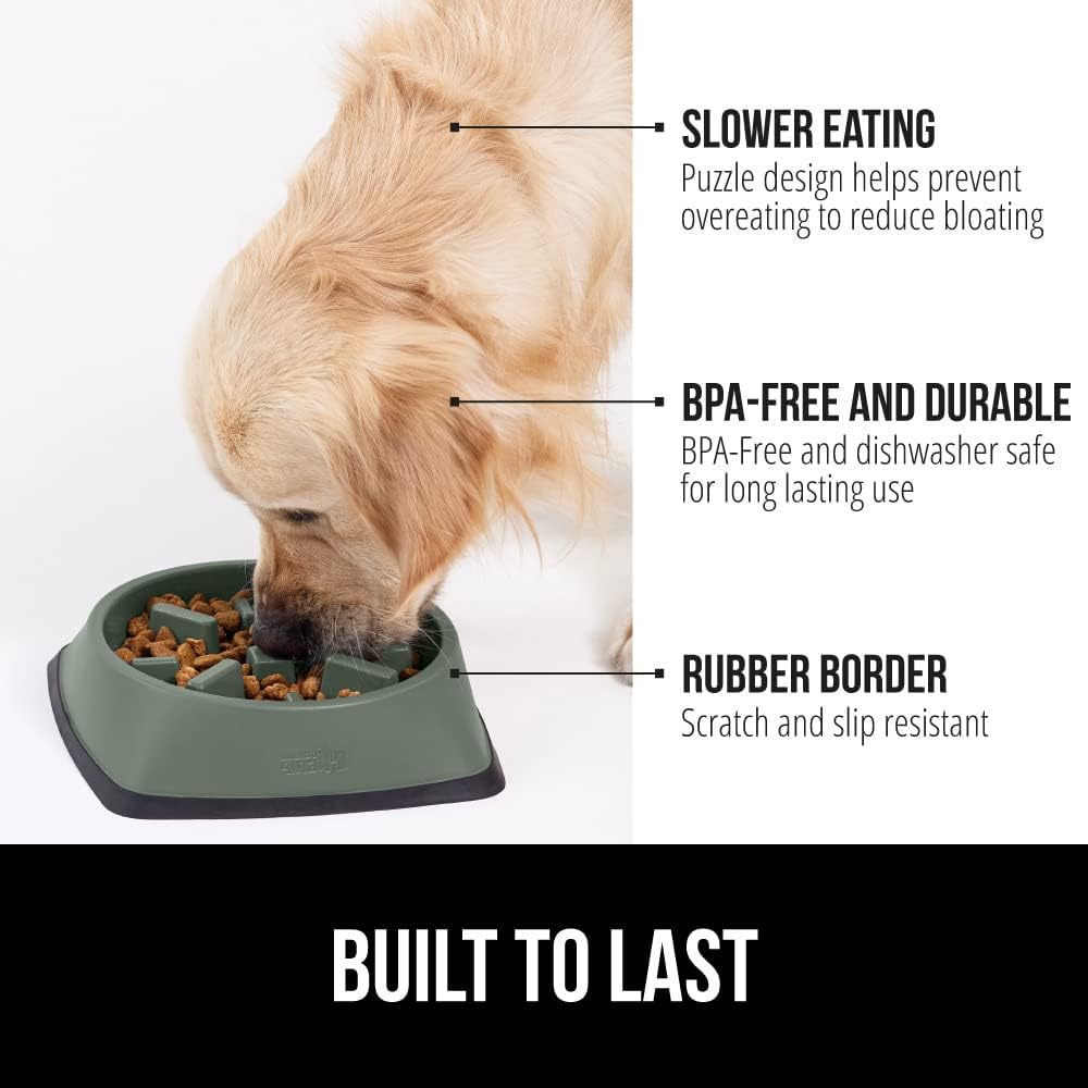 Gorilla Grip Slow Feeder Dog Bowl and Pet Feeding Mat, 4 Cups Dogs Pet Bowls Slip Resistant in Sage Color, Dog Food Mats Size 18.5x11.5 Waterproof Placemats in Hunter Green Color, 2 Item Bundle
