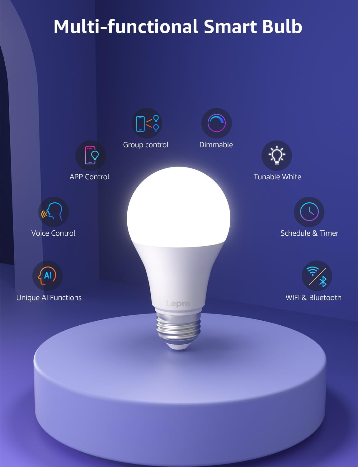 Lepro B1 AI Smart Light Bulbs - WiFi & Bluetooth RGBWW Color Changing LED Bulb Works with Alexa & Google Assistant, Personalized Al Lighting Designer, AI Voice Control, Music Sync, 2.4GHz Only, 4 Pack