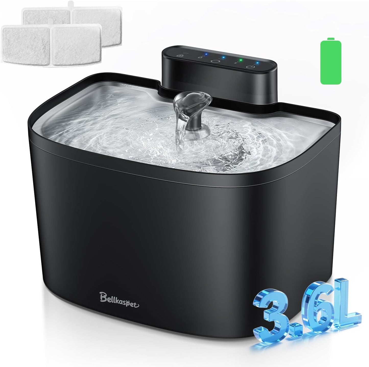 Cat Water Fountain, 122oz/3.6L Pumpless Wireless Cat Fountain, Cordless Water Fountains for Cats Indoor, Battery Operated Dog Pet Water Fountain with Stainless Steel Tray (Black, Fountain+2 Fliters)