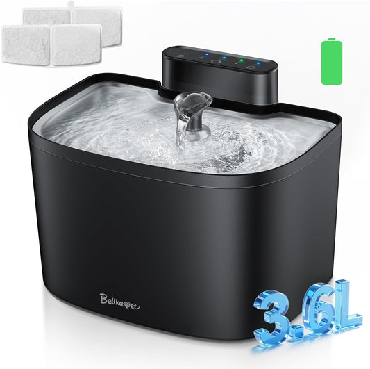 Cat Water Fountain, 122oz/3.6L Pumpless Wireless Cat Fountain, Cordless Water Fountains for Cats Indoor, Battery Operated Dog Pet Water Fountain with Stainless Steel Tray (Black, Fountain+2 Fliters)