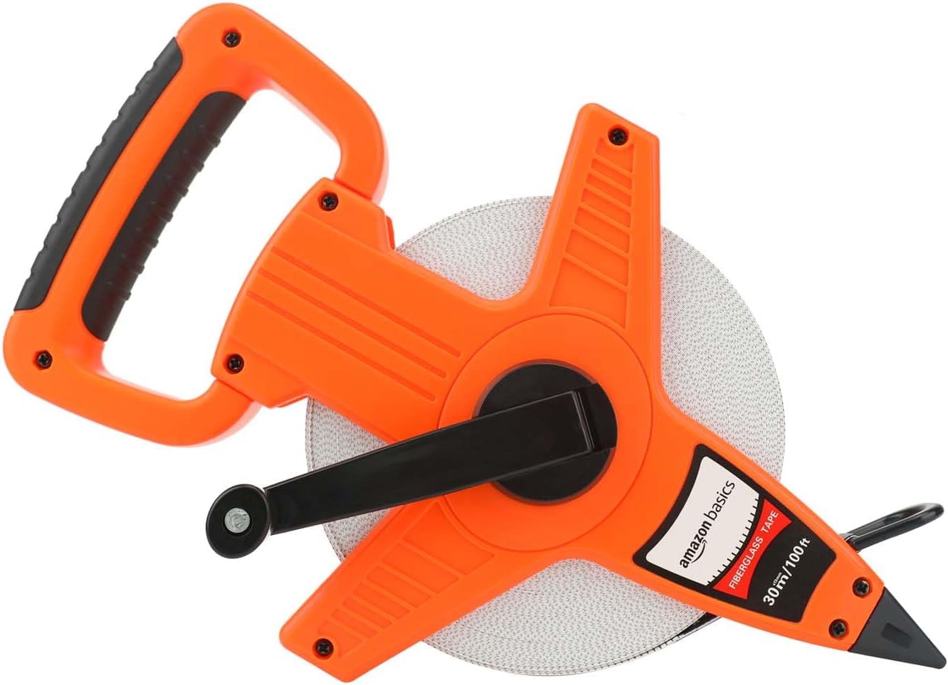 Amazon Basics Open Reel Fiberglass Measuring Tape, Inch/Metric Scale, Impact Resistant Shell, 100-feet (30-Meters) by 1/2-Inch, Orange