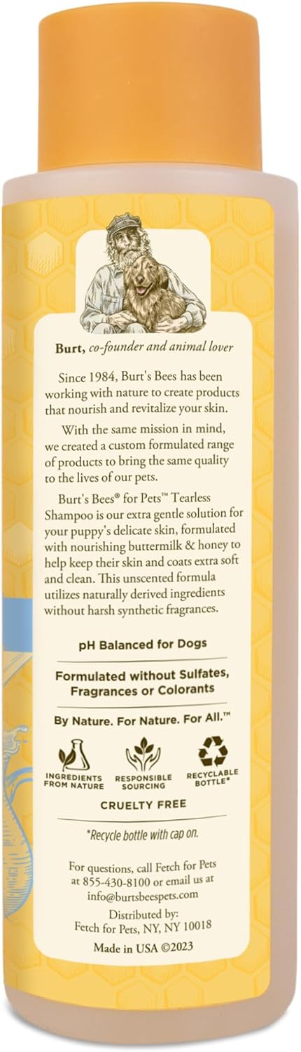 Burt's Bees for Pets Tearless Puppy Shampoo with Buttermilk and Flaxseed Oil, Gentle Dog Shampoo for Puppies 8+ Weeks, Fragrance Free Coat Cleanser with 95% Natural Origin Formula, 16 Fl Oz - 2 Pack