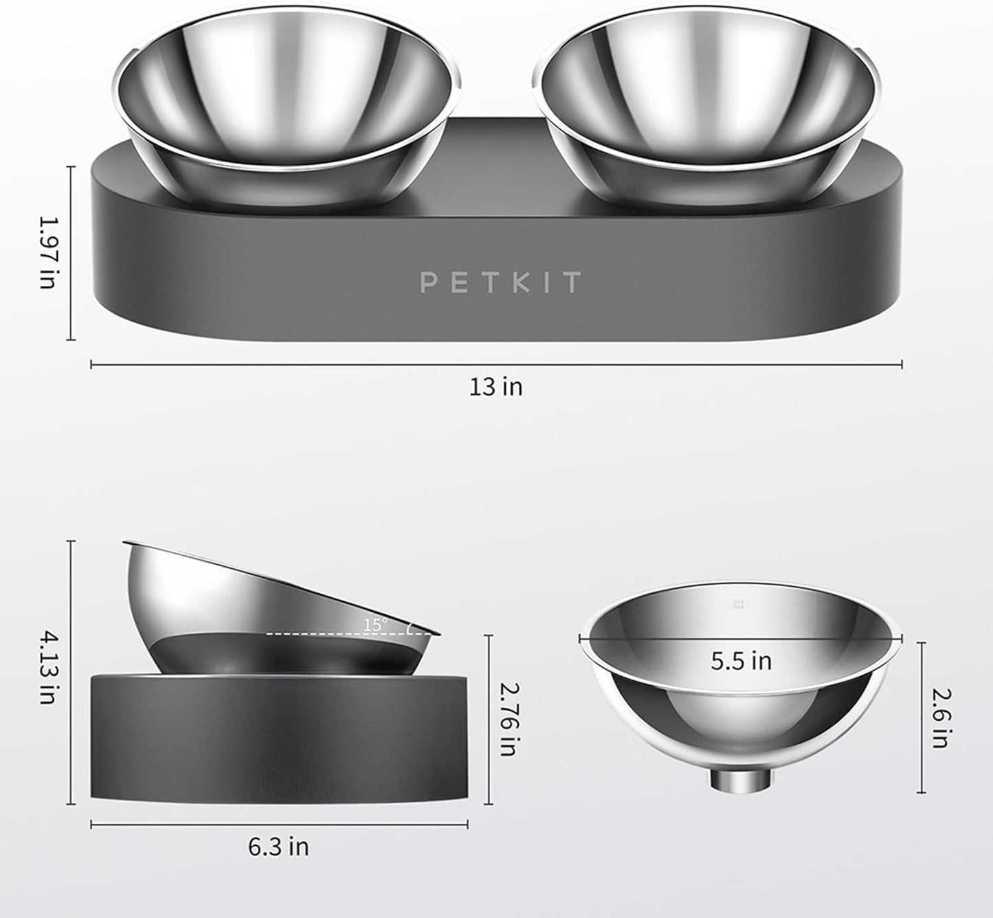 PETKIT 304 Stainless Steel Elevated Cat Bowls&Dog Bowls,Raised Cat Food and Water Bowl Set, Non-Slip, Anti Vomiting 15°Tilted Cat Small Animal Plate