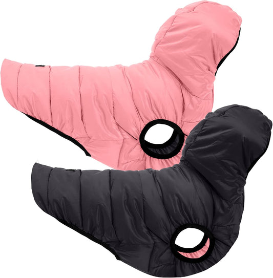 Pawtitas Reversible Dog Puffer Jacket | Water Resistant | Dog Coat for Winter to Keep Your Puppy Warm for Cold Weather Jacket | Light Pink - Black Up Dog Vest for X-Small Breed Dogs - Pouch Included