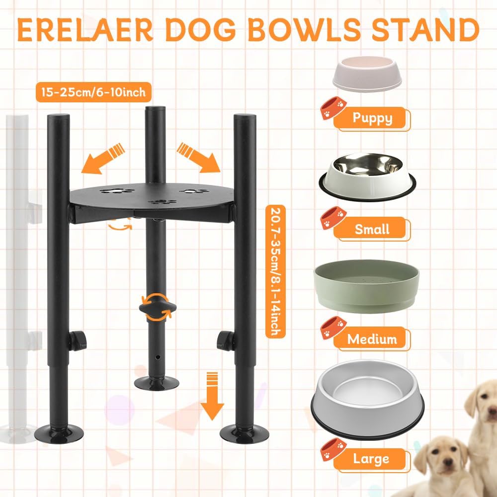 Single Dog Bowl Stand for Medium Large Dogs, Adjustable Width 6-10" Raised Dog dishes Stand，Elevated 4 Heights Tall Dogs Bowls Holder with Name Label Stickers, Black(Bowl Not Included)