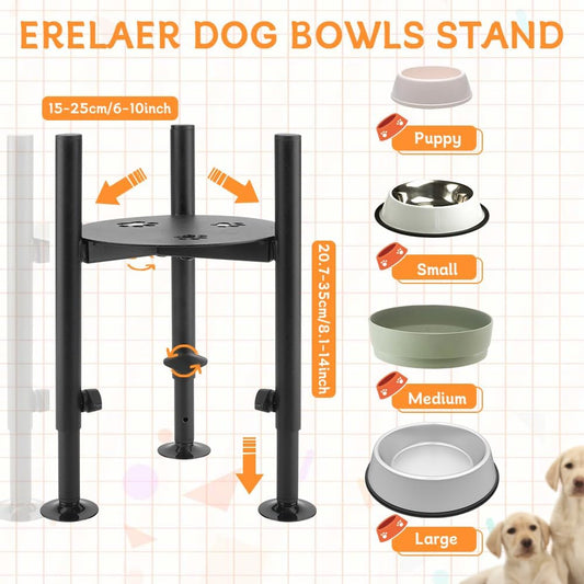 Single Dog Bowl Stand for Medium Large Dogs, Adjustable Width 6-10" Raised Dog dishes Stand，Elevated 4 Heights Tall Dogs Bowls Holder with Name Label Stickers, Black(Bowl Not Included)