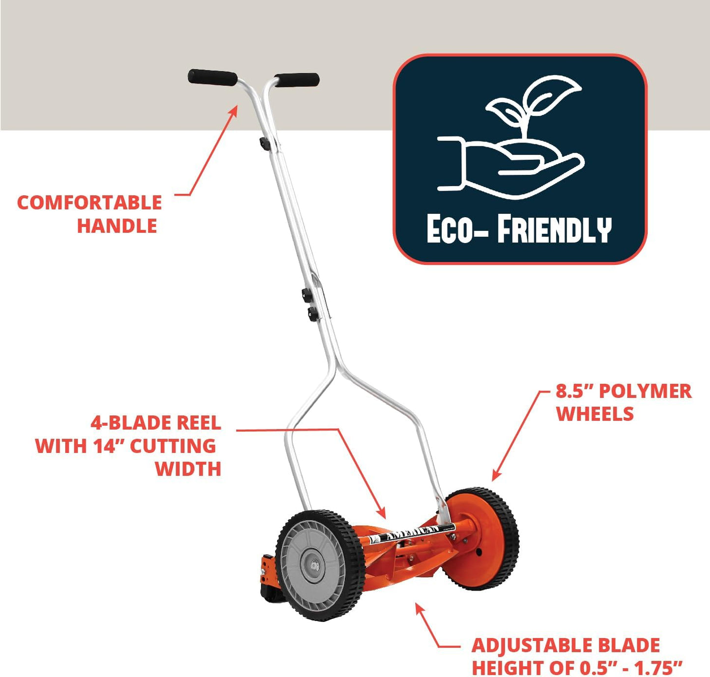 American Lawn Mower Company 1204-14 14-Inch 4-Blade Push Reel Lawn Mower, Red