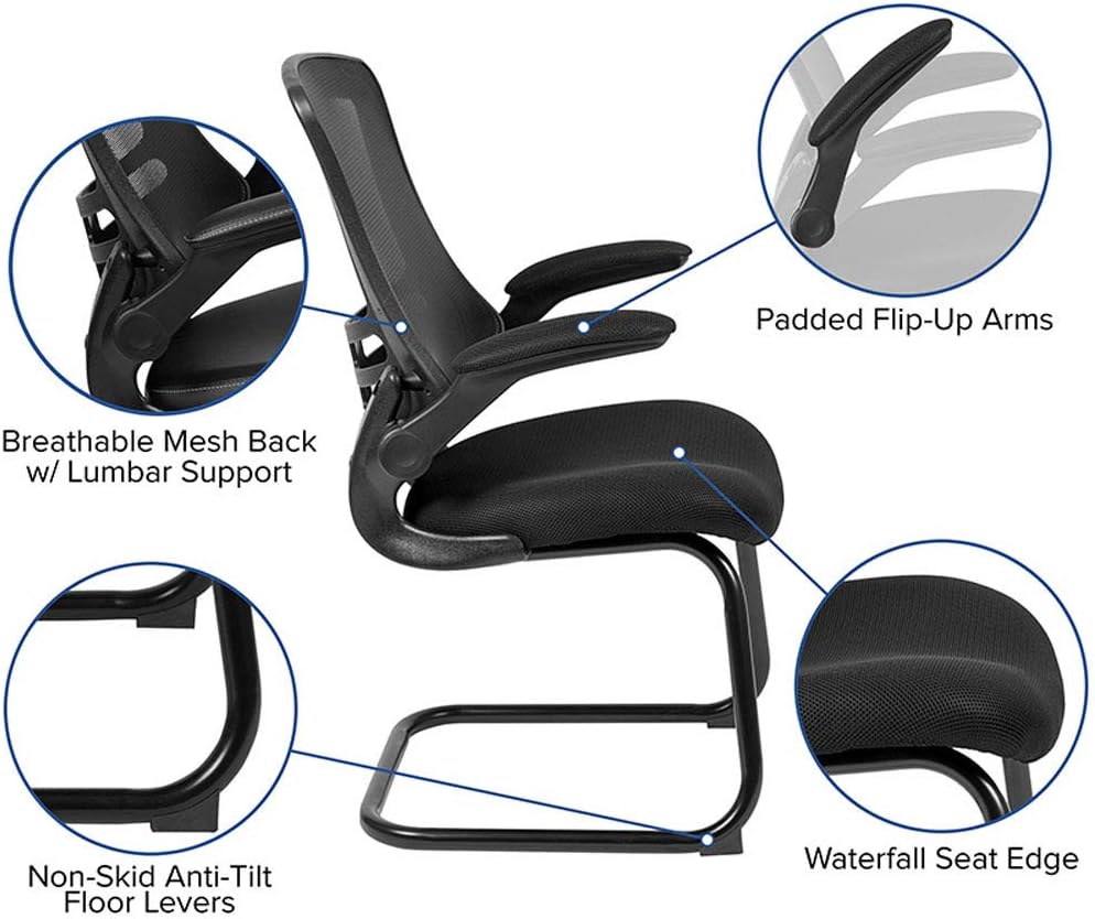 Flash Furniture Kelista Black Mesh Sled Base Side Reception Chair with Flip-Up Arms