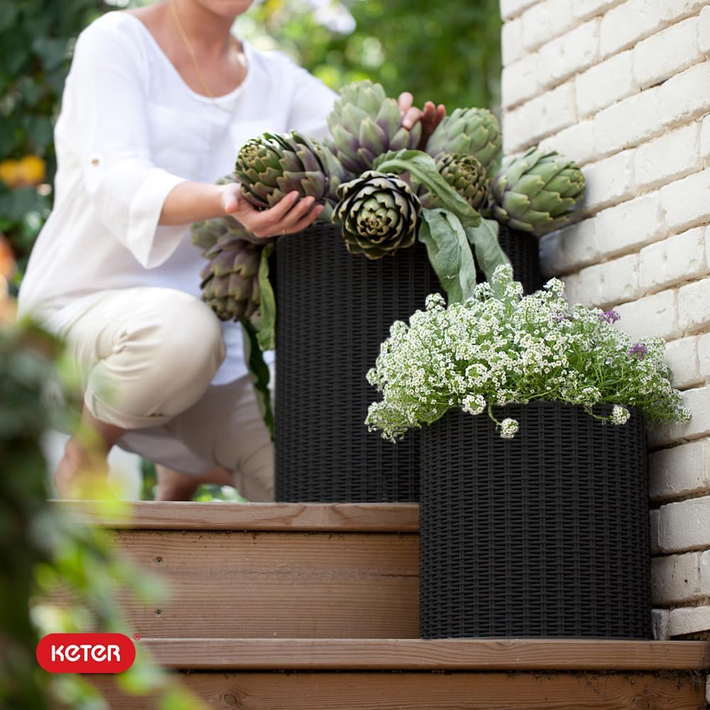 Keter Cylinder Set of 3 Rattan Resin Planter for Indoor and Outdoor Plants Ideal Decorative Planter for Porches and Patio Decor, Black