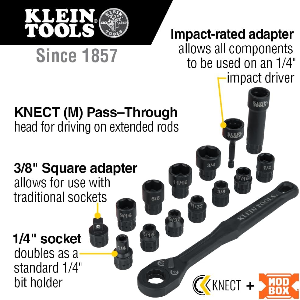 Klein Tools 65400 KNECT 15-Piece Pass Through Socket Set, SAE Impact Set with MODbox Case, Sockets, Bits, Accessories and 3/8-Inch Drive Adapter