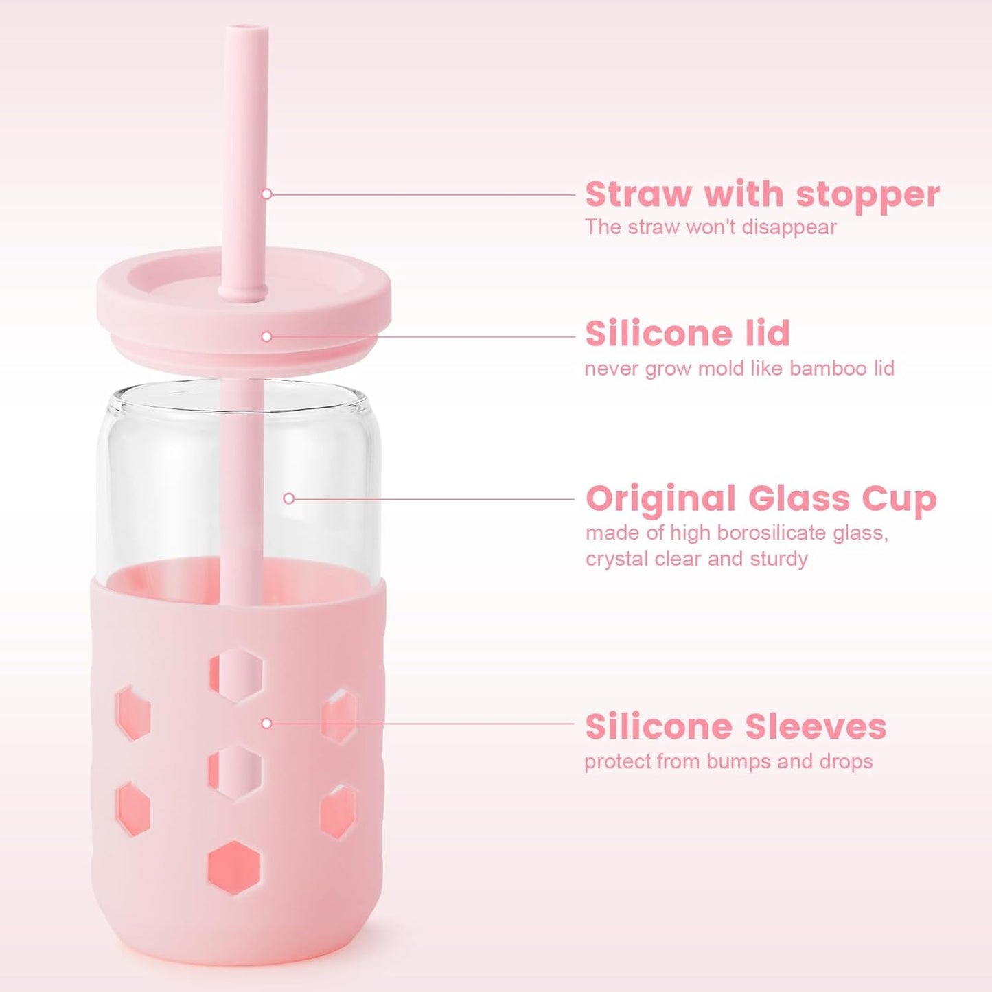 Glass Cups with Lids and Straws (4 Pcs), 16oz Drinking Glasses Set with Silicone Sleeves for Coffee Bar Accessories Iced Coffee Cups with Lids, Glass Tumbler Reusable for Gifts