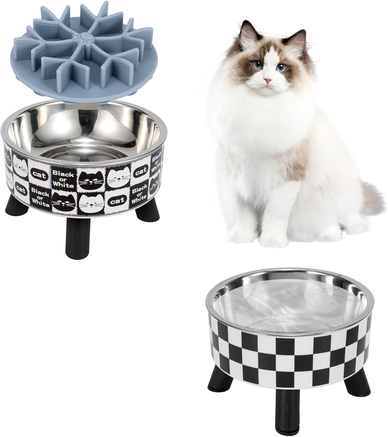 2PCS Elevated Cat Bowls with Slow Feeder, Wide Raised Stainless Steel Cat Dishes Plastic Stand Silicone Slow Food Dispenser, Whisker Friendly Pet Water Food Plates Feeding Station Indoor Cats, Kitten