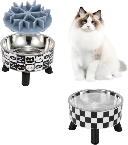2PCS Elevated Cat Bowls with Slow Feeder, Wide Raised Stainless Steel Cat Dishes Plastic Stand Silicone Slow Food Dispenser, Whisker Friendly Pet Water Food Plates Feeding Station Indoor Cats, Kitten