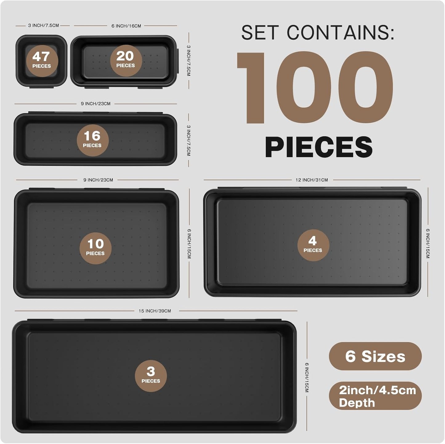 A-LuGei 【𝟲 𝗦𝗜𝗭𝗘】 Tool Box Organizer Tray Set【Fits 100+ Tools】 Black Plastic Drawer Divider Desk Drawer Organizer Garage Organization for Rolling Tool Chest Cart Workbench Office Storage