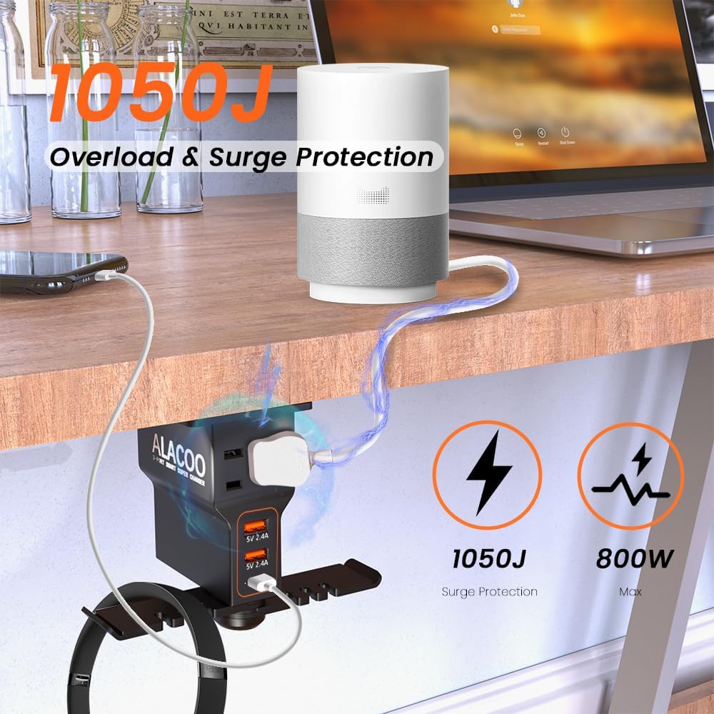 Gaming Headphone Stand with Charging Station - Aluminum Hooks Headphone Holder, Under Desk Headset Stand, 3 USB & AC Outlet, Surge Protector & Cable Organizer, Gift for Girl/Men
