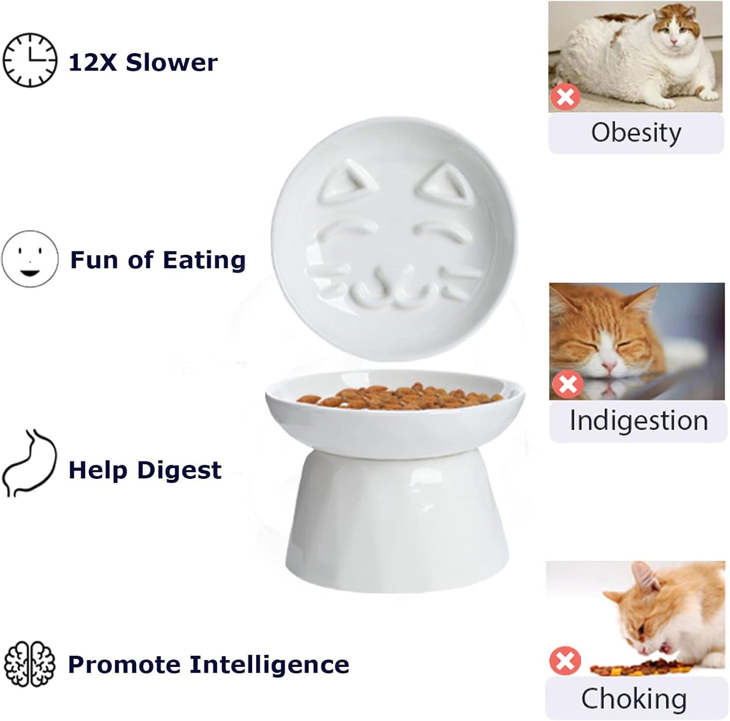 Raised Slow Feeder Cat Bowl, Ceramic Elevated Cat Slow Feeder, Healthy Eating for Wet & Dry Food, Sturdy & Grippy, Pet Puzzle Food Plate, Prevent Vomitting Indigestion, Dishwasher Safe