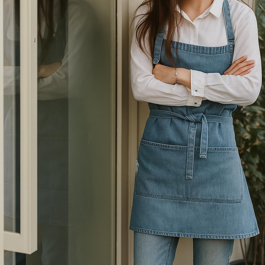 Denim Apron With 5 Pockets for Kitchens,Hairstylist Aprons for Women Men,Adjustable Bib Jean Apron for Arts Cafe Work