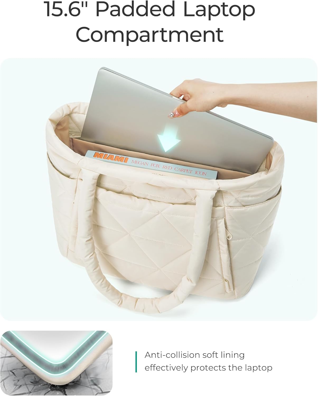BAGSMART Tote Bag for Women, Puffer Tote Bag with Zipper, Large Quilted Shoulder Bag with Compartments for Travel, Work, Gym