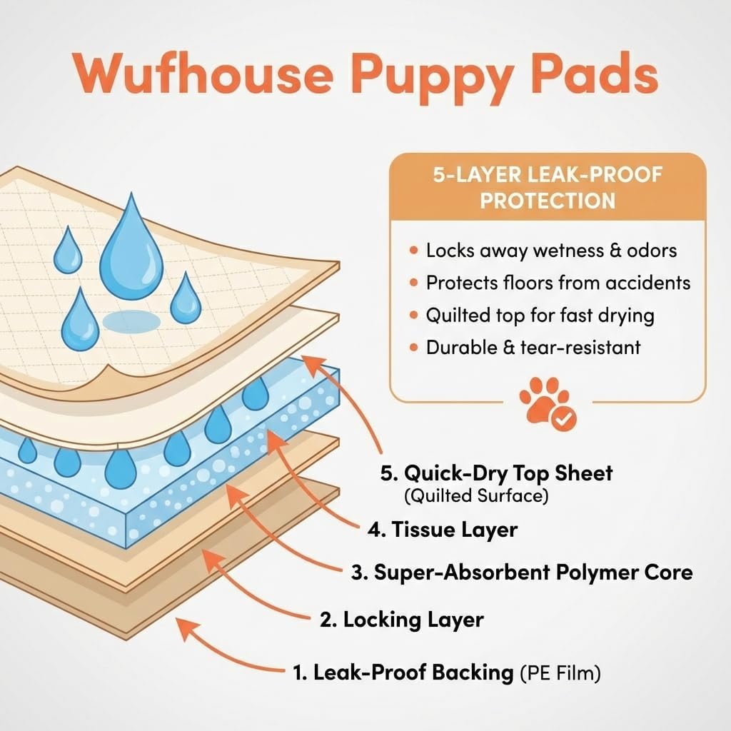 WUFHOUSE Potty Pads for Dogs - Extra Large with 5-Layer Absorbency, Leak Proof Odor Control Disposable Pads for Dogs & Multi-Pet Households - 35” x 24”, Pack of 40