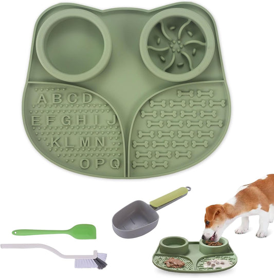 Silicone Slow Feeder Dog Bowls & Cat Bowls, 2 Cups Small Pet Food Bowl with Non-Slip Suction Base, Food-Grade Safe Puzzle Feeder for Small & Medium Dogs & Indoor Cats (Bowl & Lick Mat (Green))