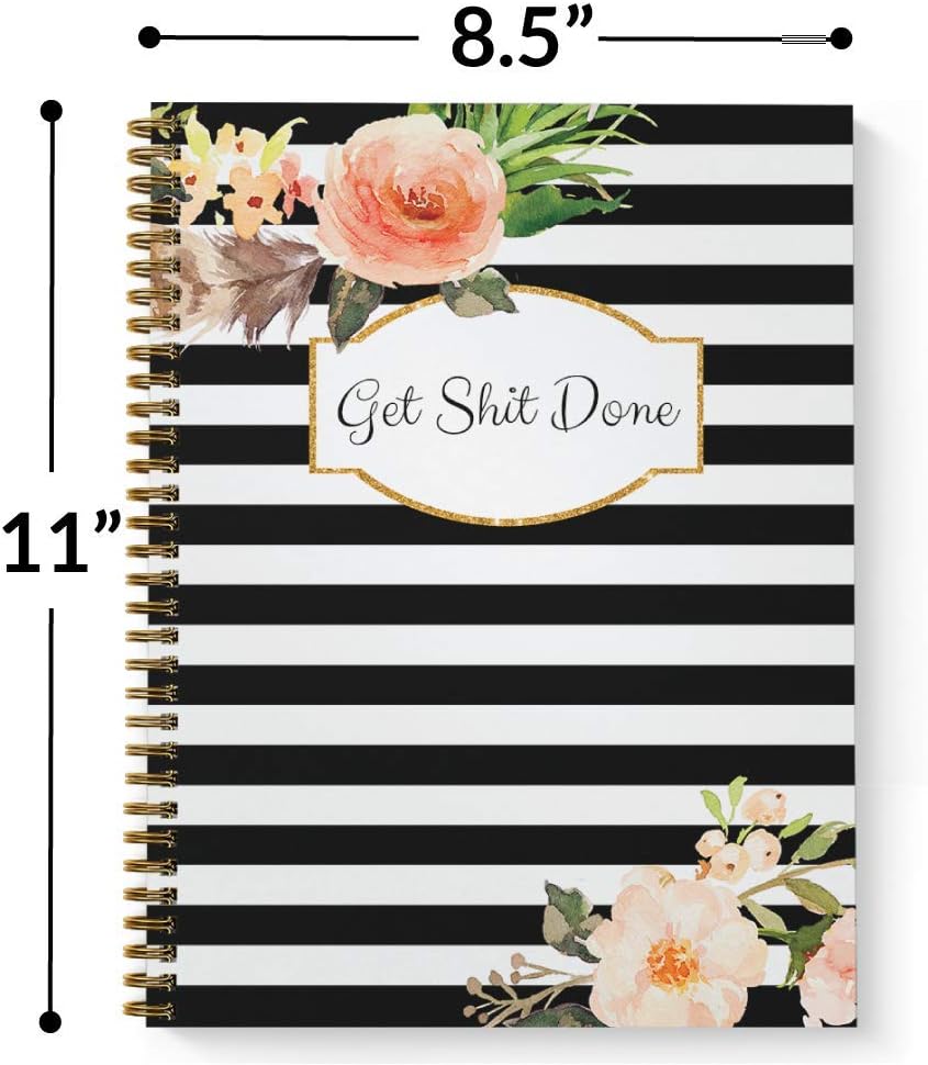 Softcover Classic Floral Get Stuff Done 8.5" x 11" Motivational Spiral Notebook/Journal, 120 Checklist Pages, Durable Gloss Laminated Cover, Gold Wire-o Spiral. Made in the USA
