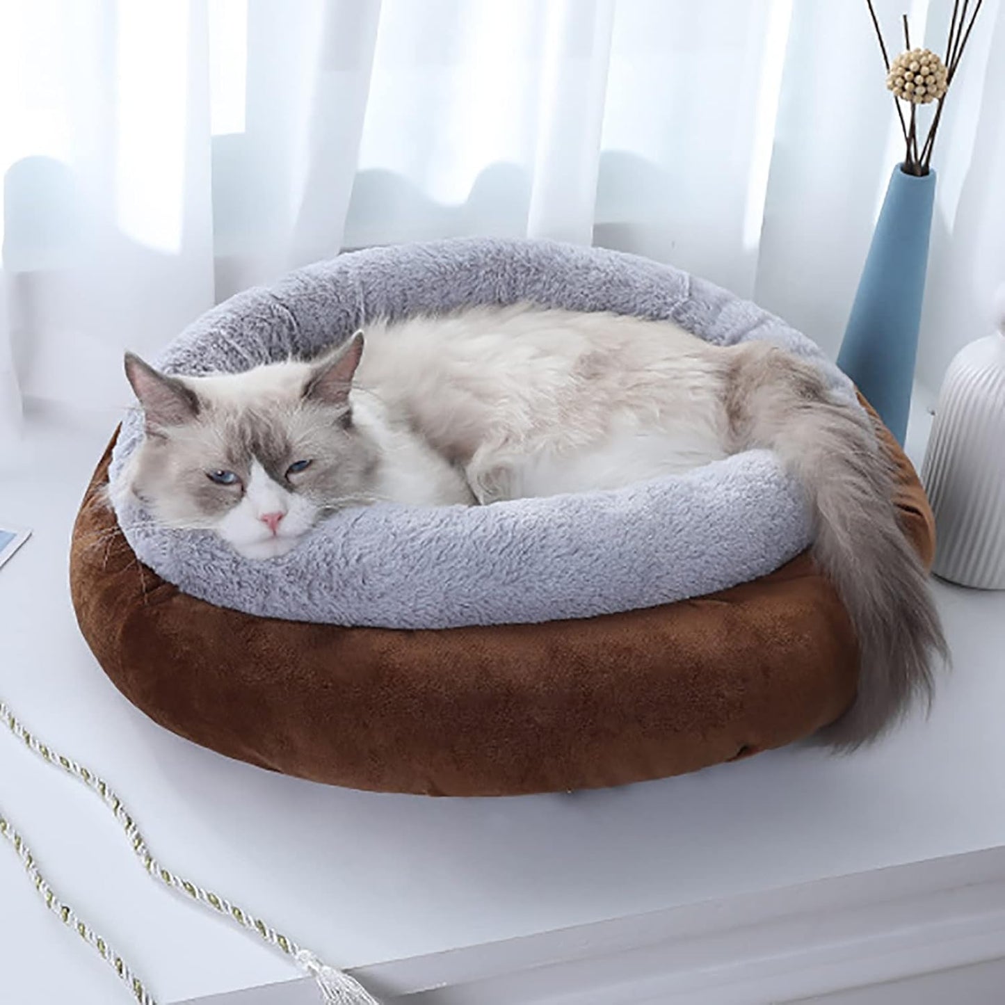 Dog Bed, Cat Beds for Indoor Cats Pet Bed for Puppy Extra Soft & Machine Washable Round Soft Plush Cat Beds Round Comfortable Warming Pet Bed,Gray,M
