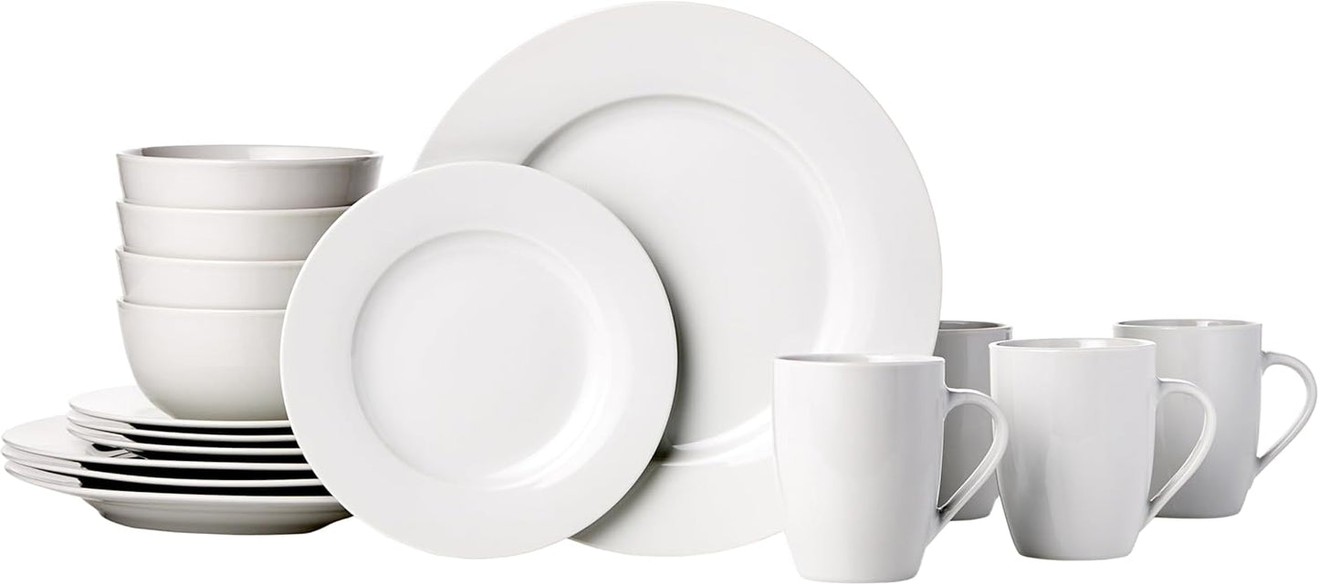 Amazon Basics 16-Piece Porcelain Dinnerware Set, Microwave and Dishwasher Safe, Service for 4, Plates, Bowls and Mugs, White