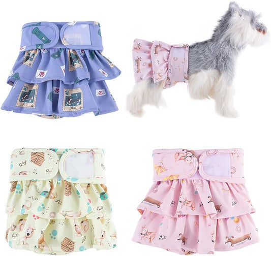 Washable Reusable Dog Diapers Female(3 Pack),Highly Absorbent for Doggie Puppy Cat Heat Period Training with Adjustable Waist Dog Skirt Diapers Female Pu Breathable Female Dog Diapers Suitable,Small