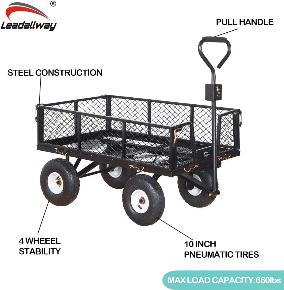 Heavy Duty Steel Garden Cart Large Size with Liner and Iron Frame,Steel Frame Dump Cart with Removable Sides,660lbs Capacity Black