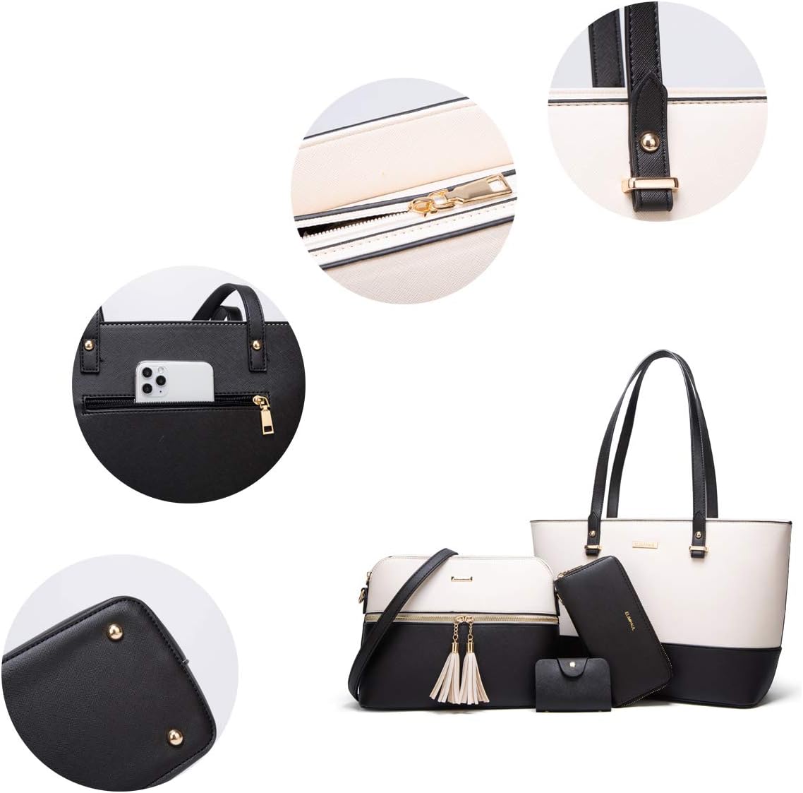 Women Fashion Synthetic Leather Handbags Tote Bag Shoulder Bag Top Handle Satchel Purse Set 4pcs