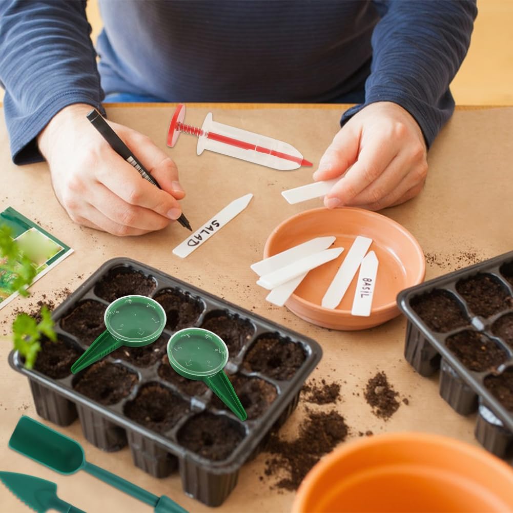 7 Piece Mini Seed Spreader Tool Set - Garden Planting Equipment with Hand Seed Dispenser Tools, Dibber Widger, Gloves for Small Seeds, Carrots, Lettuce, Herbs