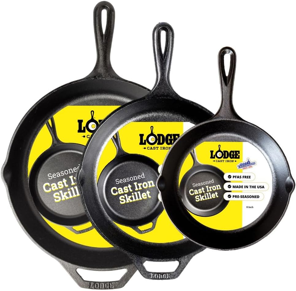 Lodge Seasoned Cast Iron Skillet Set - PFAS-Free, Non-Toxic Cookware - Use with an Oven, Stove, Grill, or Campfire - Naturally Non-Stick & Oven Safe - 8, 10.25 & 12 Inches